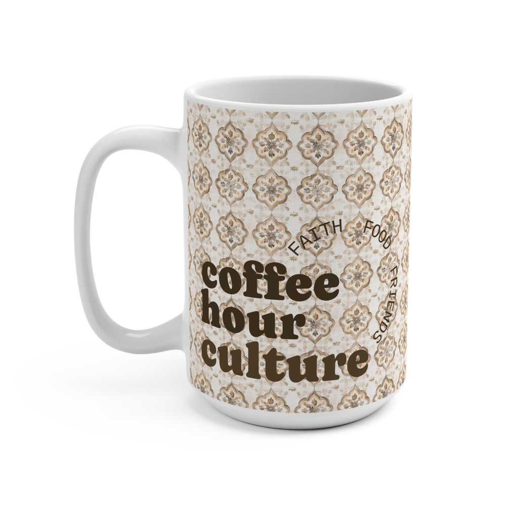 'Coffee Hour Culture' 15oz Ceramic Mug with Vintage Tile Pattern
