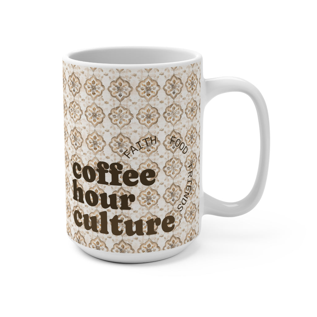'Coffee Hour Culture' 15oz Ceramic Mug with Vintage Tile Pattern
