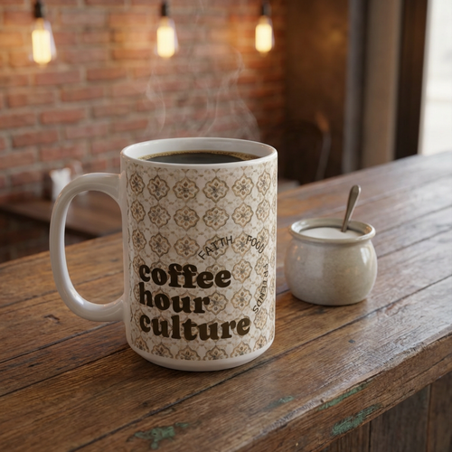 'Coffee Hour Culture' 15oz Ceramic Mug with Vintage Tile Pattern