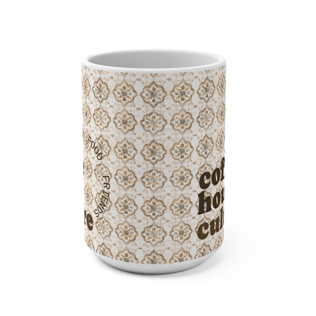 'Coffee Hour Culture' 15oz Ceramic Mug with Vintage Tile Pattern