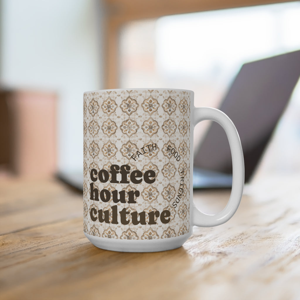 'Coffee Hour Culture' 15oz Ceramic Mug with Vintage Tile Pattern