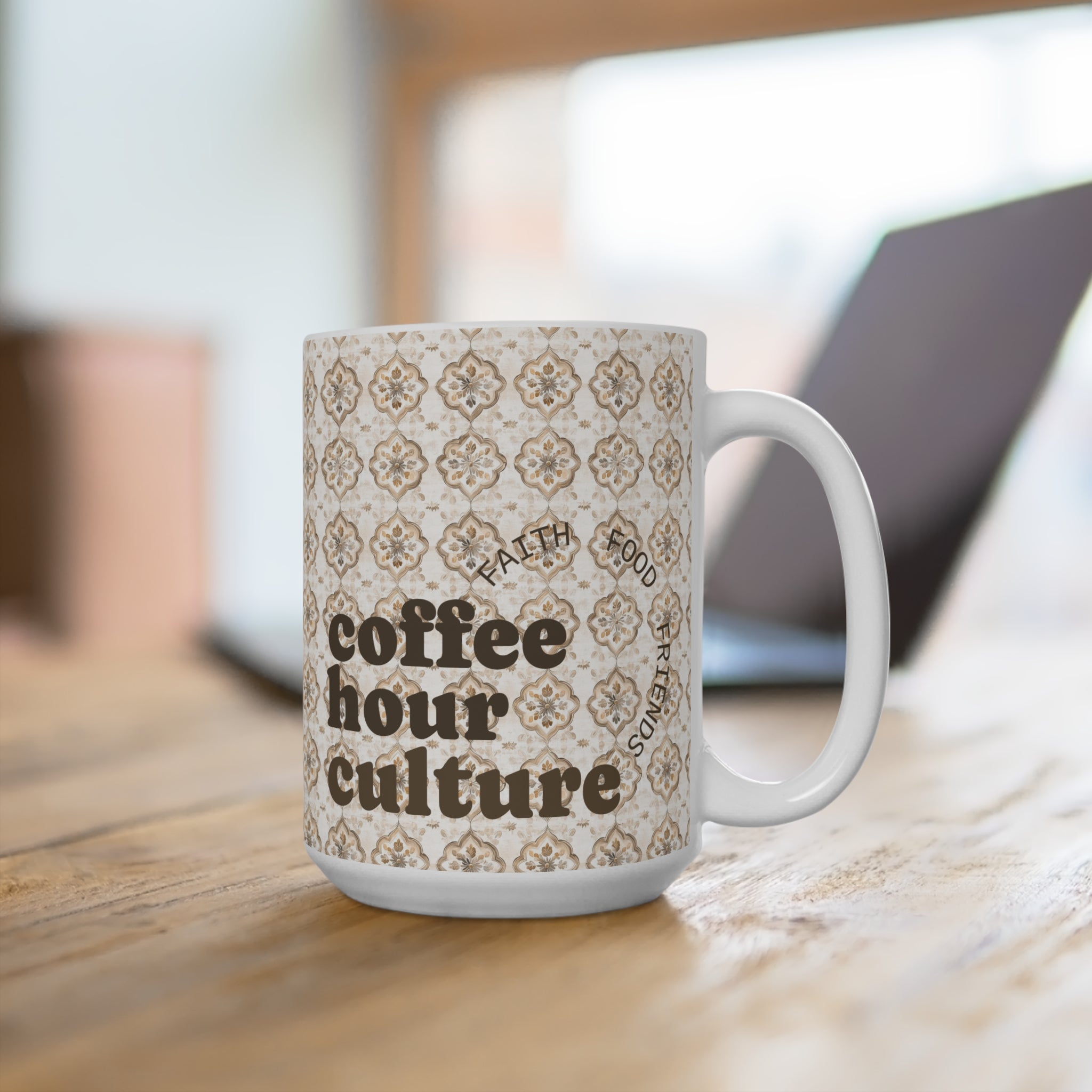 'Coffee Hour Culture' 15oz Ceramic Mug with Vintage Tile Pattern
